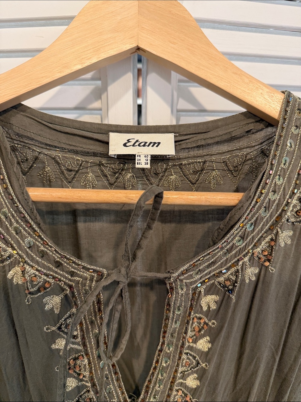Etam Embroidered Crinkle Olive Dress with Tie Sleeves